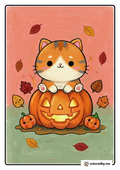 Cat and Pumpkin colored with Oil Pastels