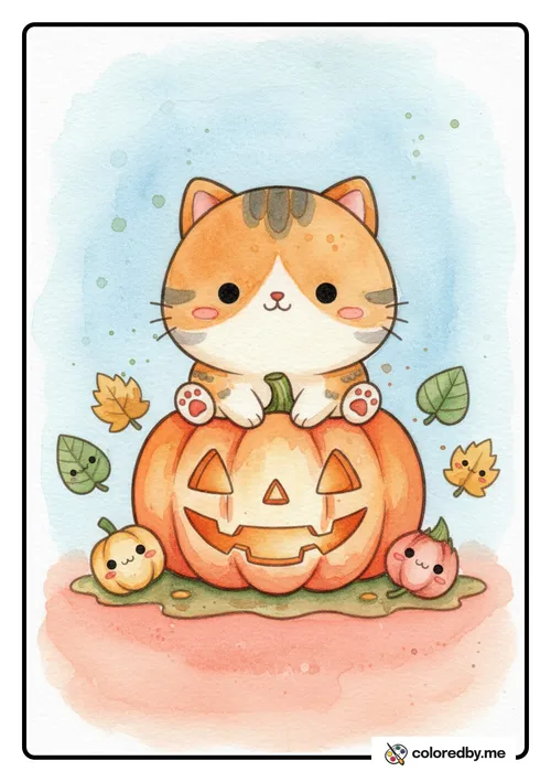 Cat and Pumpkin colored with Watercolors