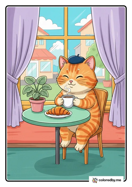 Cat Sipping Coffee at a Cozy Cafe colored with Markers