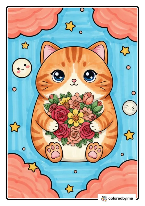 Sweet Cat Holding a Flower Bouquet colored with Markers