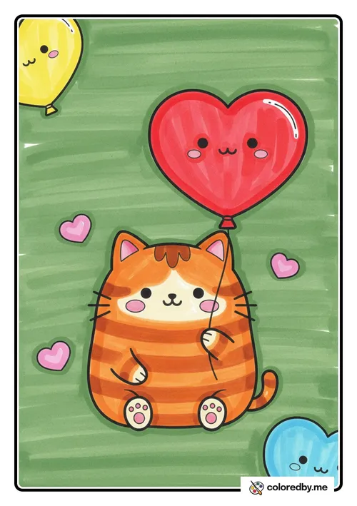 Cat Holding a Heart Balloon colored with Markers