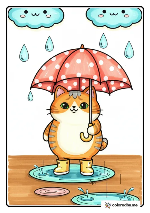 Cat with Umbrella on a Rainy Day colored with Markers