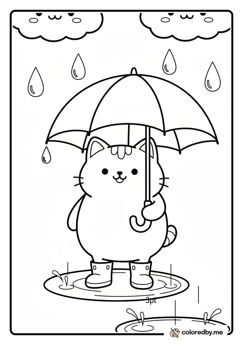 Cat with Umbrella on a Rainy Day coloring page
