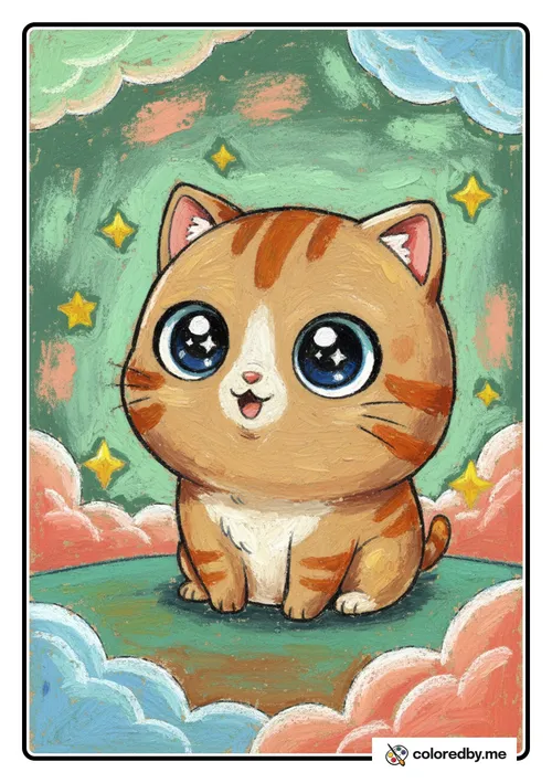 Chibi Anime Cat with Big Sparkly Eyes colored with Oil Pastels