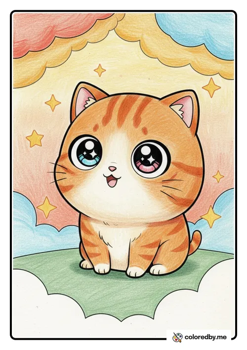 Chibi Anime Cat with Big Sparkly Eyes colored with Colored Pencils