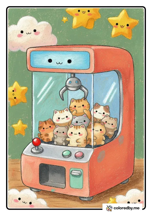 Claw Machine Full of Cat Plushies colored with Oil Pastels