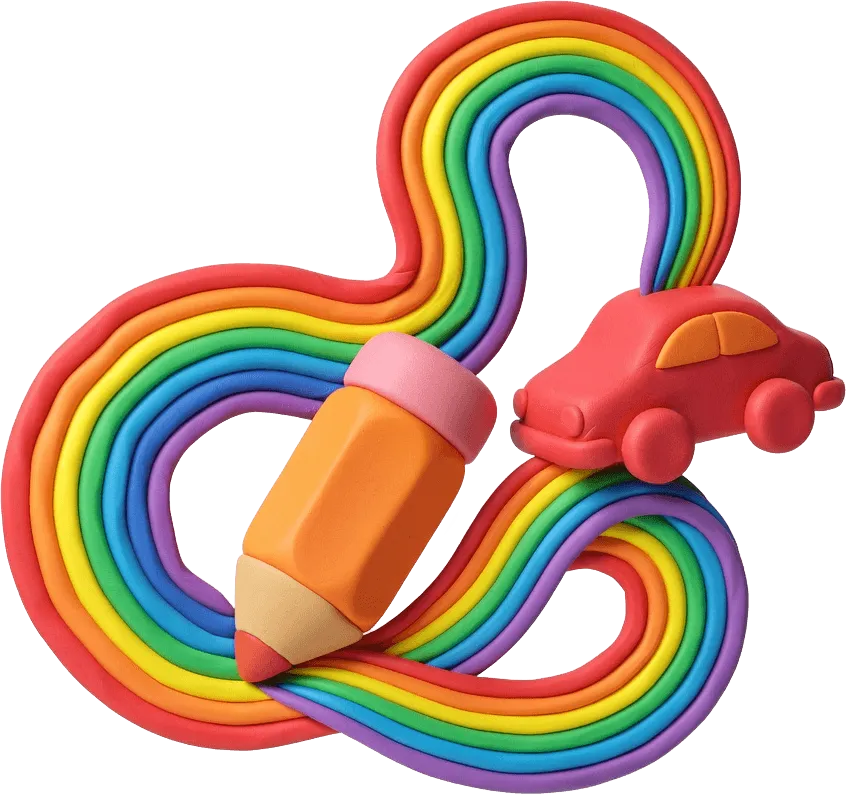 Clay pencil drawing a rainbow trail into a small clay car