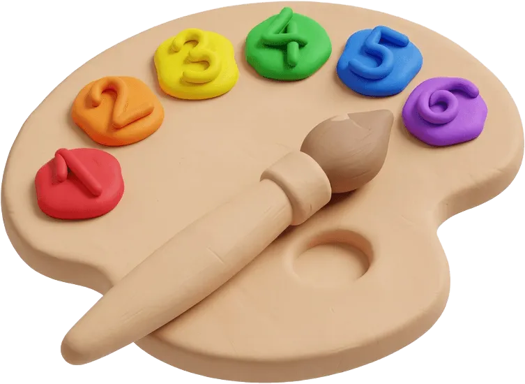 Clay paint palette with numbered paint blobs and a brush