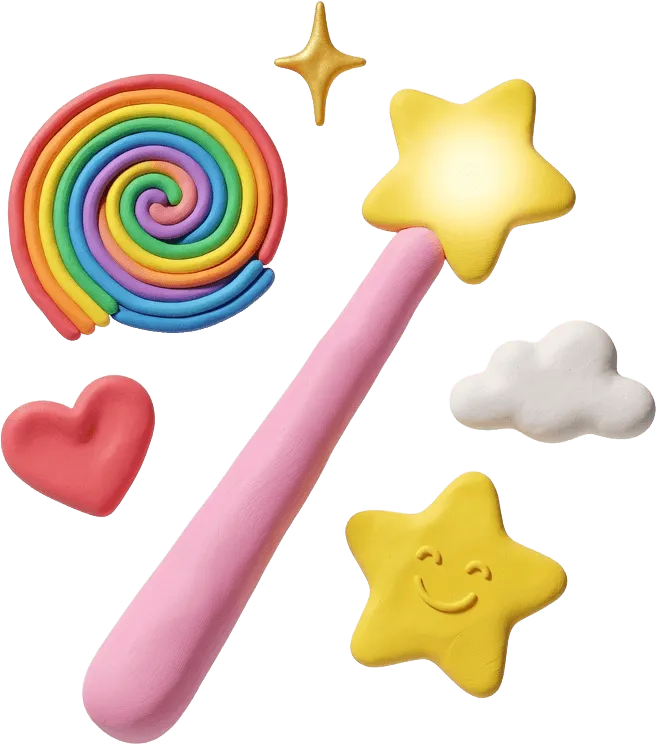 Clay magic wand surrounded by rainbow sparkles, hearts and stars