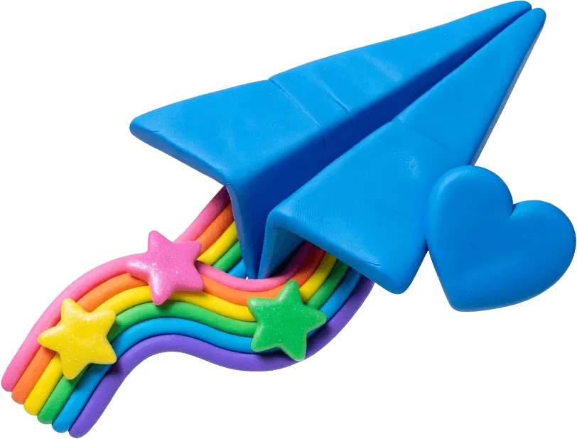 Clay paper airplane with rainbow trail and stars