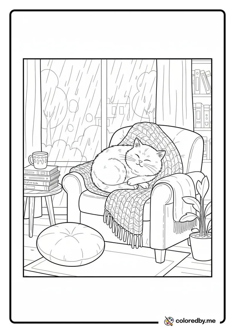 Rainy Day Bookstore Cat Nap coloring page