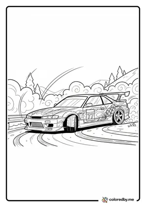 Drift Car Sliding Sideways in Smoke coloring page