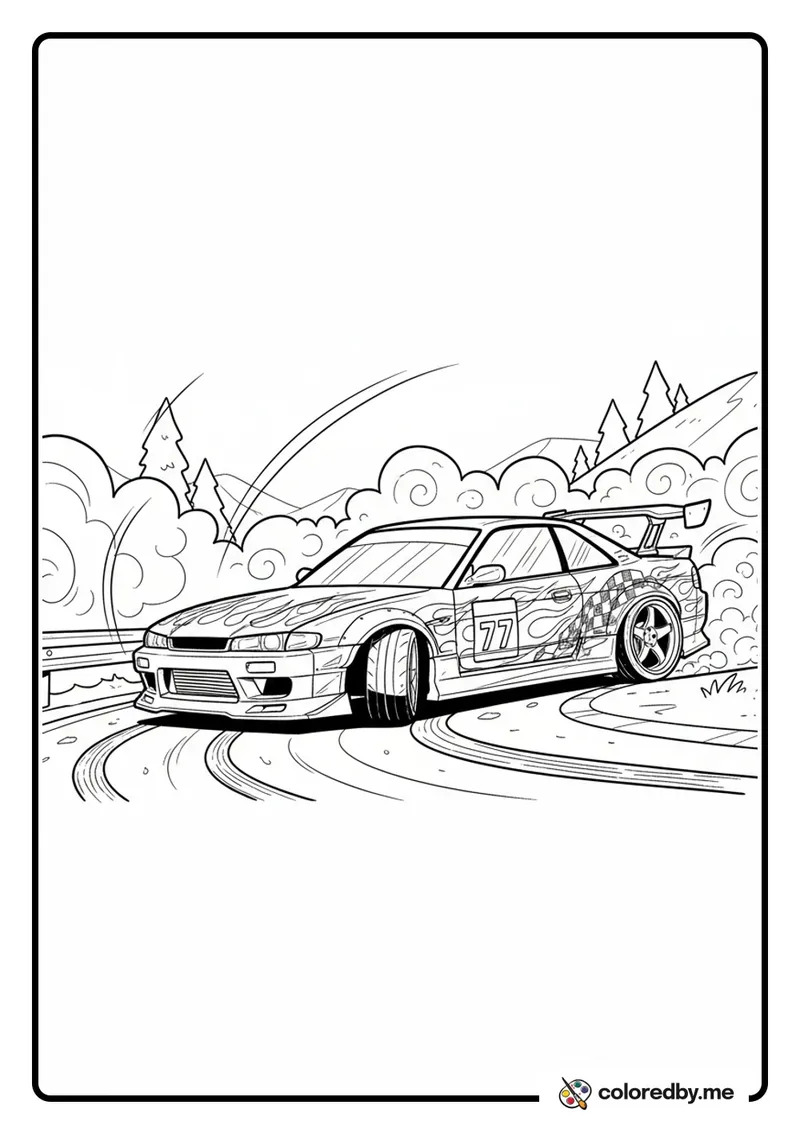 Drift Car Sliding Sideways in Smoke coloring page