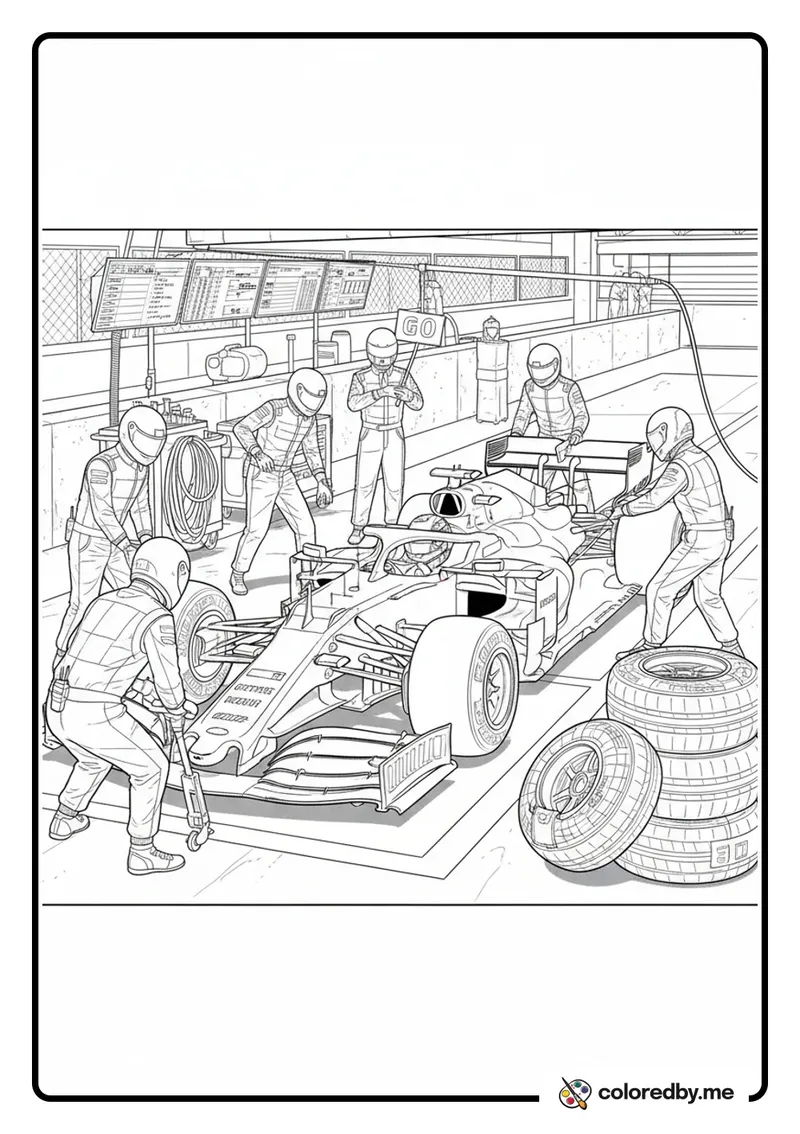 F1 Pit Stop Lightning Fast Tire Change coloring page