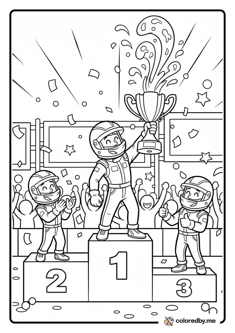 F1 Podium Celebration with Champagne coloring page