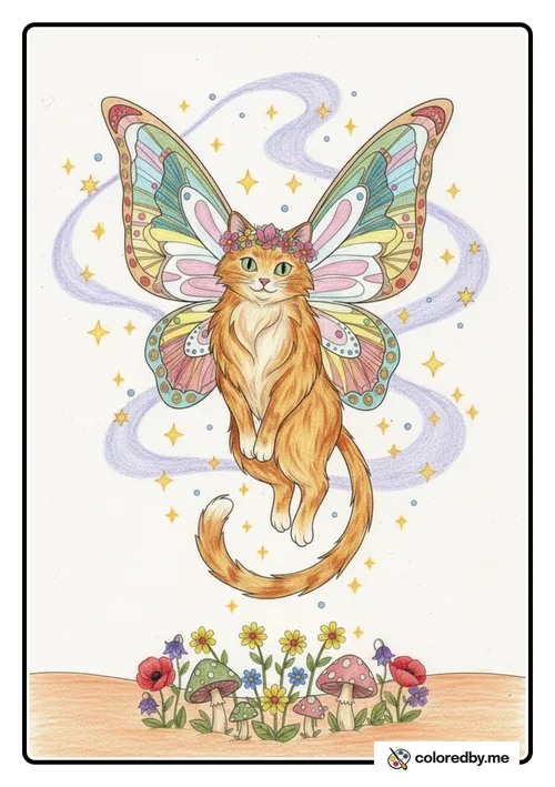 Magical Fairy Cat with Butterfly Wings colored with Colored Pencils
