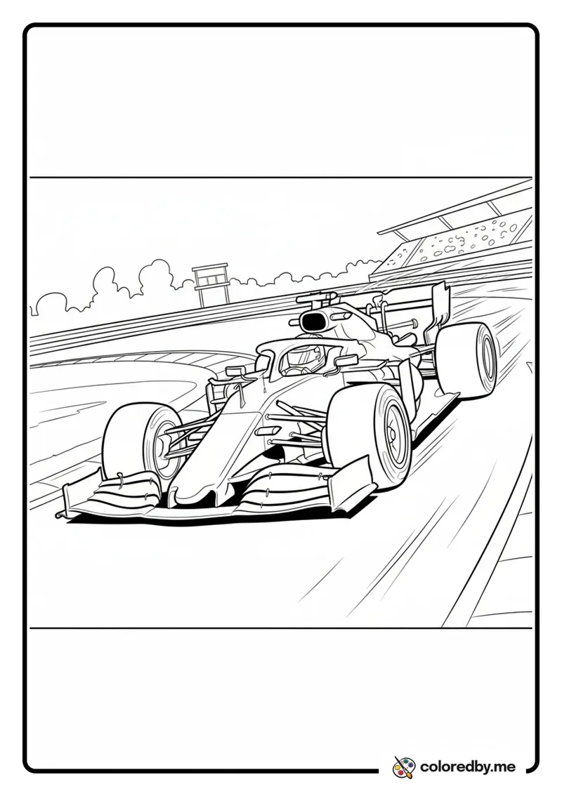 Formula 1 Car Speeding Through a Corner coloring page