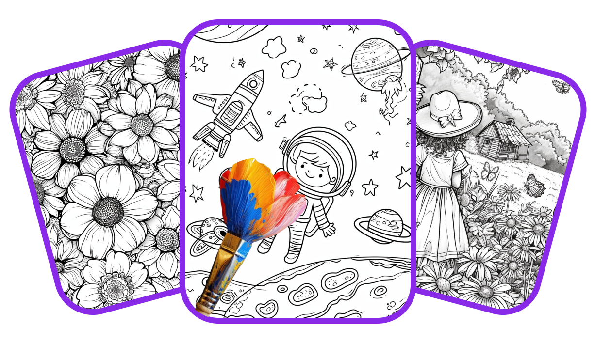 Colorful illustration showcasing various coloring page designs
