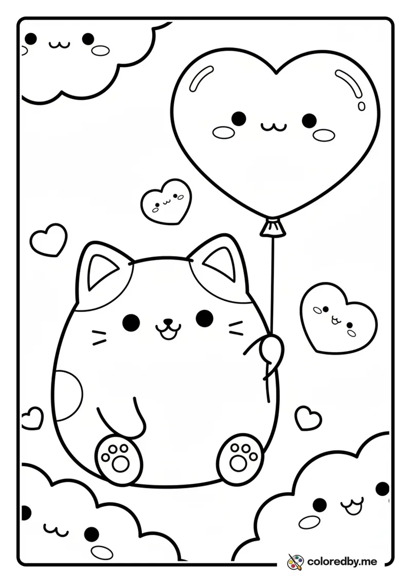 Kawaii Cat with Valentine's Balloon coloring page