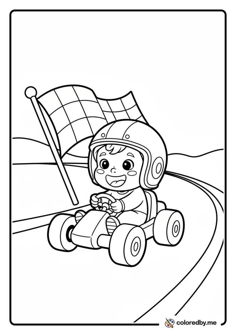 Happy Kid Driving a Go Kart coloring page