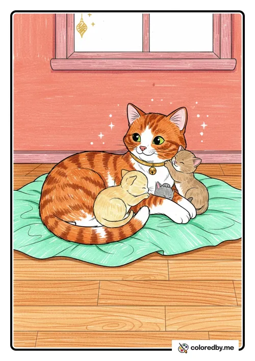 Mama Cat Snuggling Her Kittens colored with Gel Pens