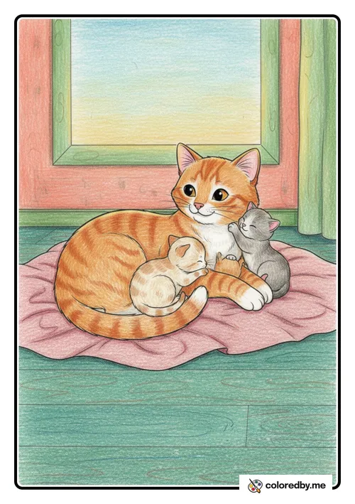 Mama Cat Snuggling Her Kittens colored with Colored Pencils