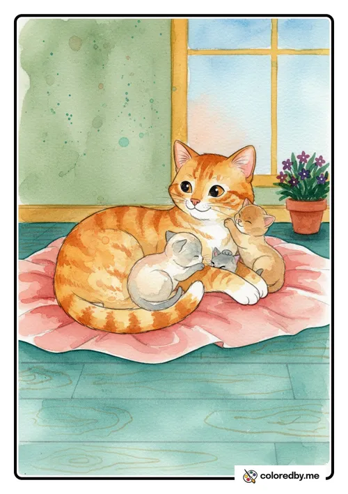 Mama Cat Snuggling Her Kittens colored with Watercolors