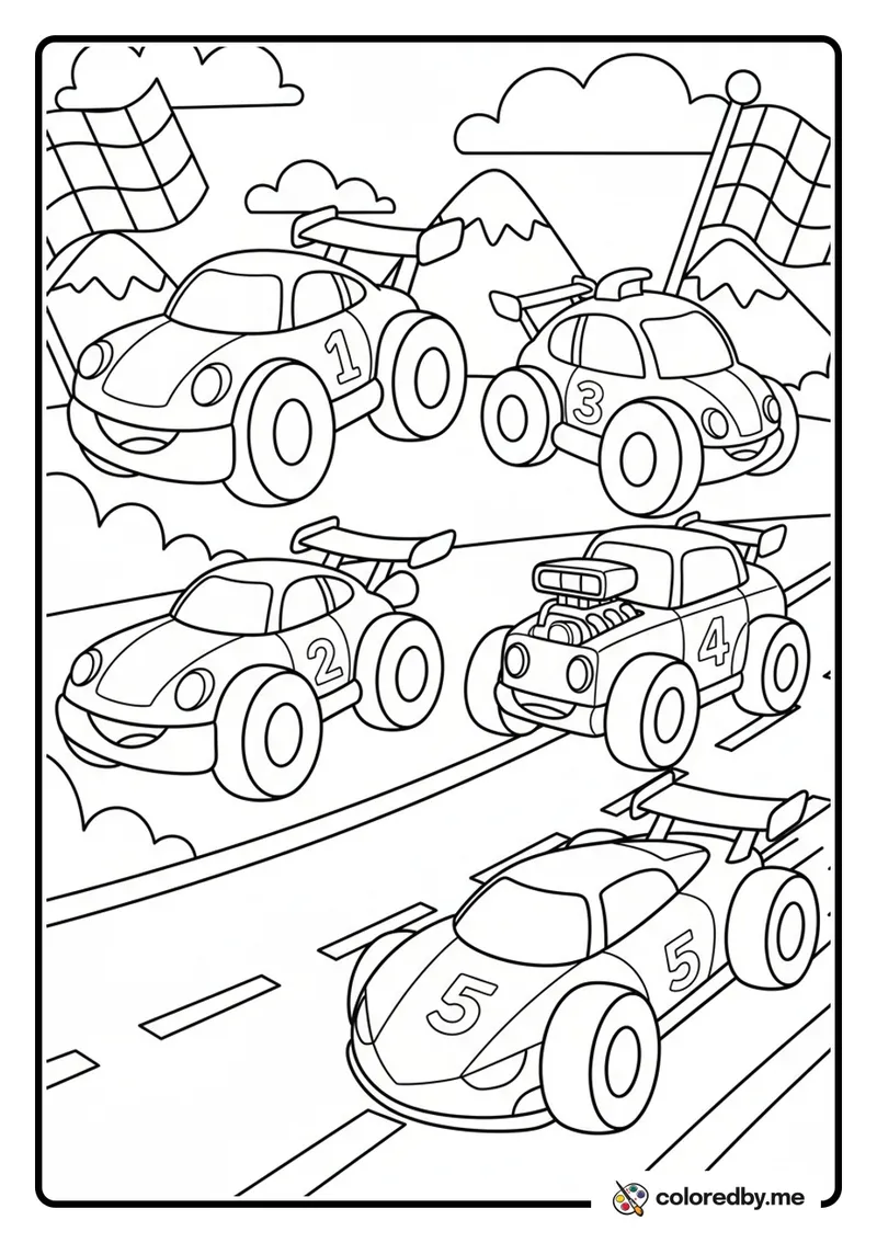 Race Cars with Numbers 1 Through 5 coloring page