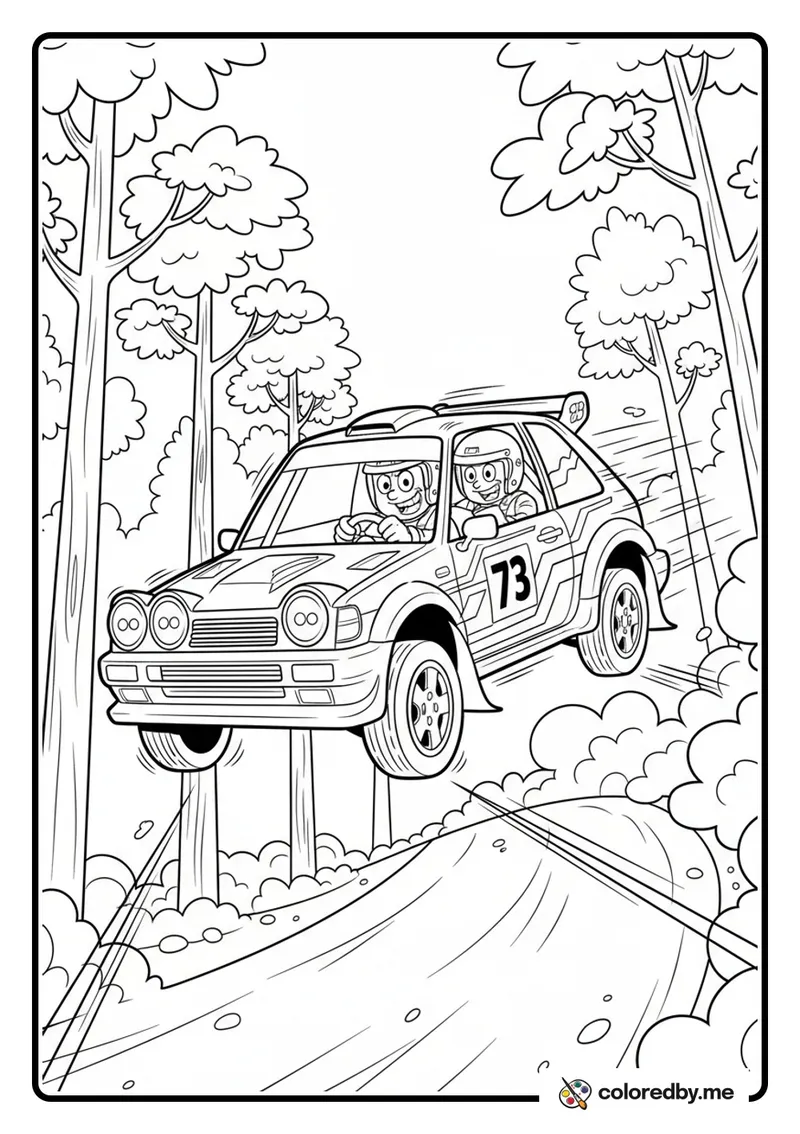 Rally Car Jumping Over a Hill in the Forest coloring page