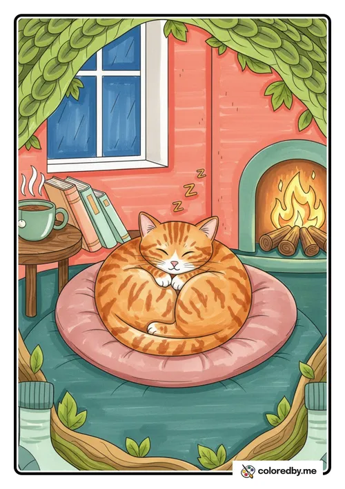 Sleeping Cat Curled Up in a Ball colored with Markers