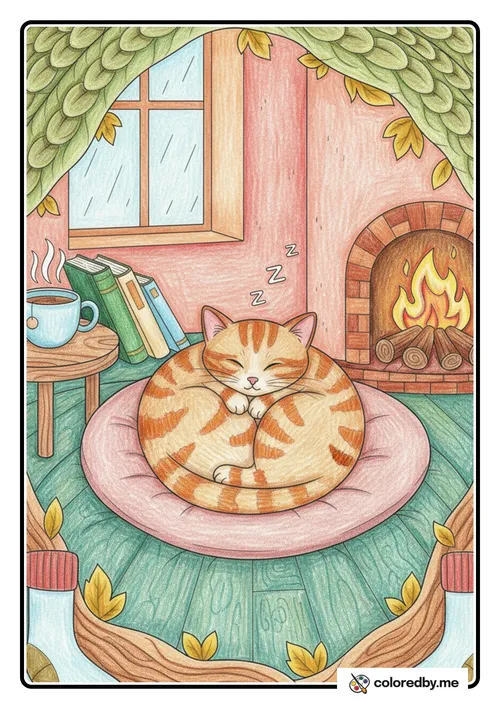 Sleeping Cat Curled Up in a Ball colored with Colored Pencils