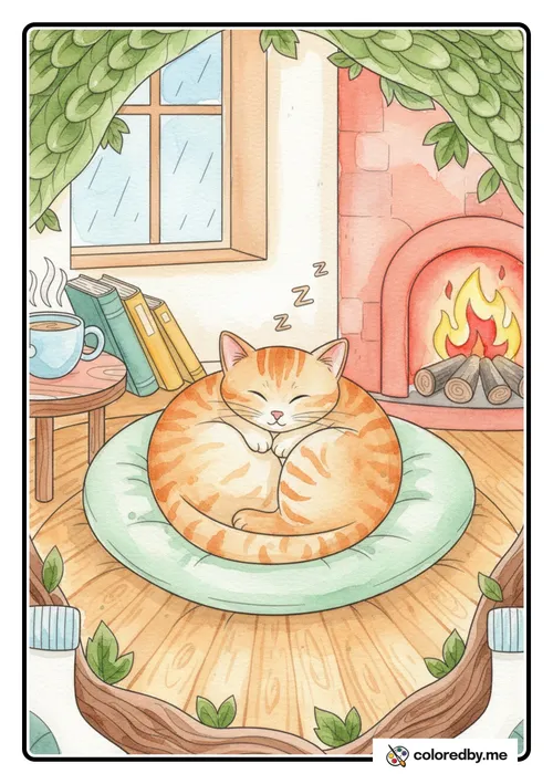 Sleeping Cat Curled Up in a Ball colored with Watercolors