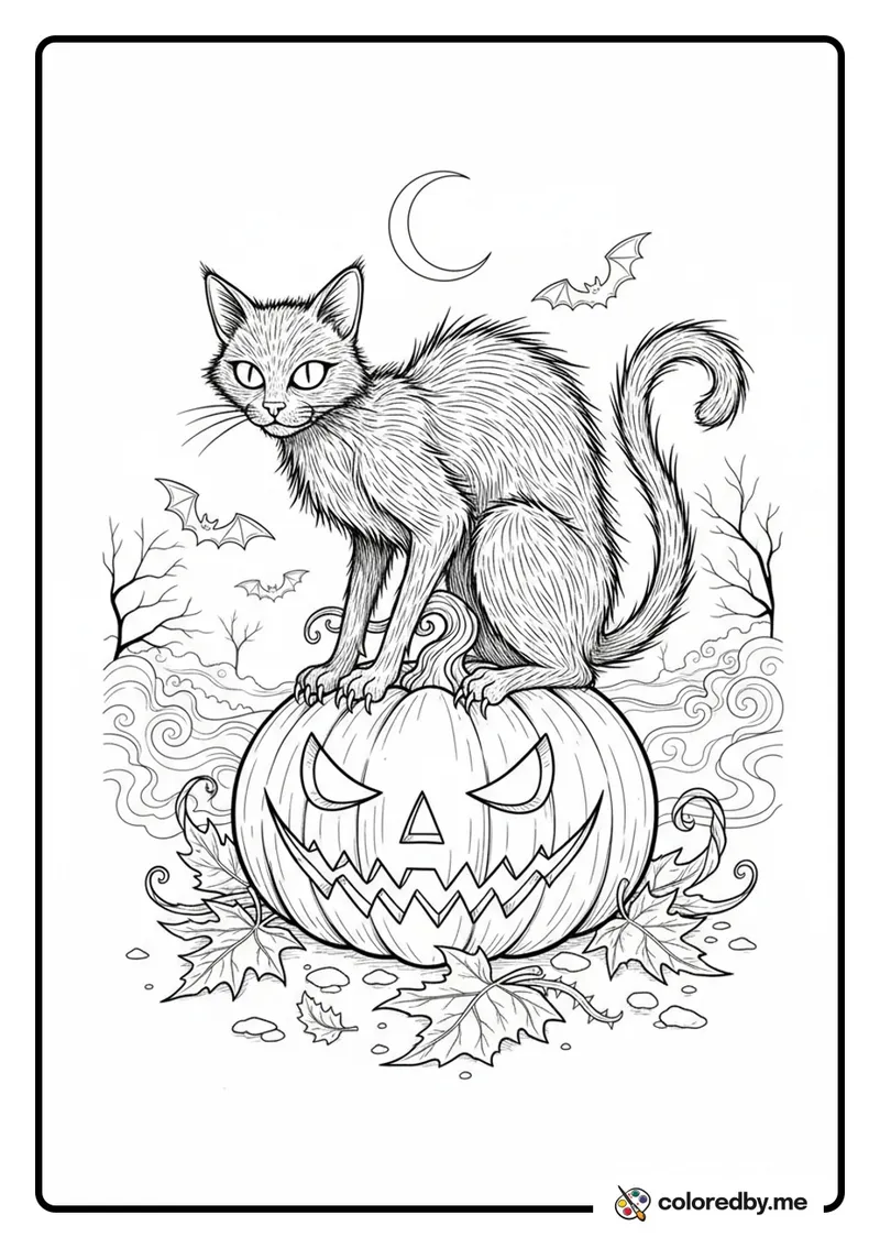 Spooky Black Cat on a Pumpkin coloring page