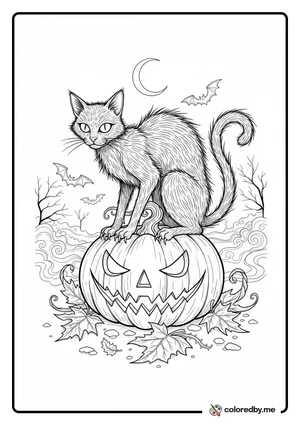Spooky Black Cat on a Pumpkin coloring page