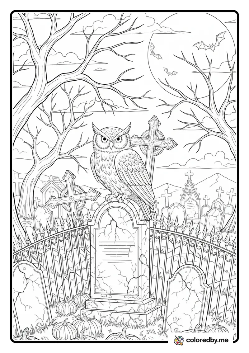 Spooky Graveyard with Owl coloring page