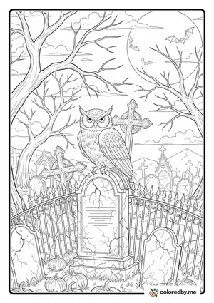 Spooky Graveyard with Owl coloring page