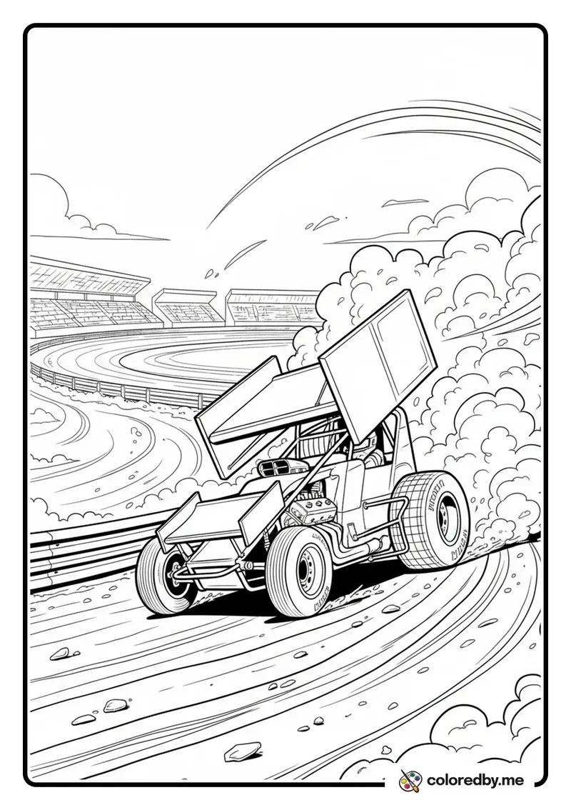 Sprint Car Flying Over Dirt Track coloring page