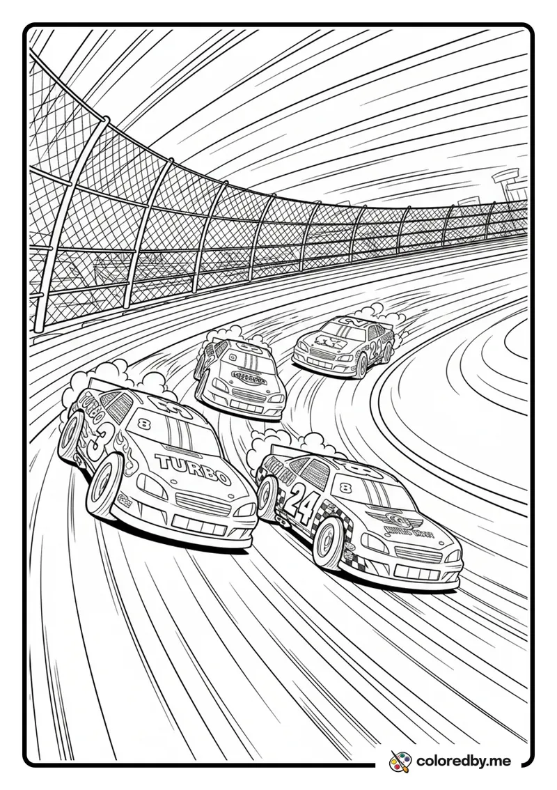 Three Stock Cars Racing Side by Side coloring page