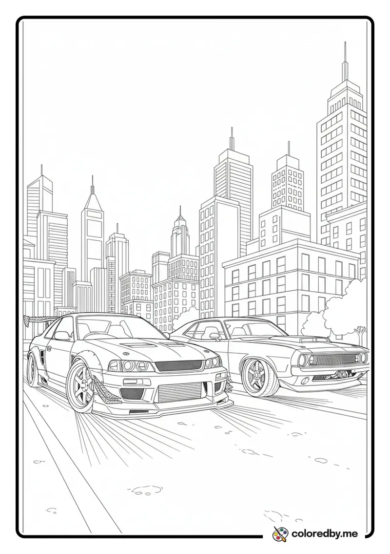 Two Cars Street Racing at Night coloring page