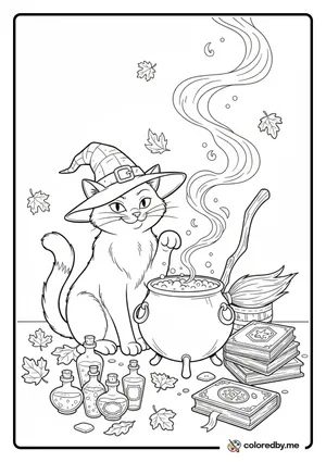 Witch's Cat with Cauldron coloring page