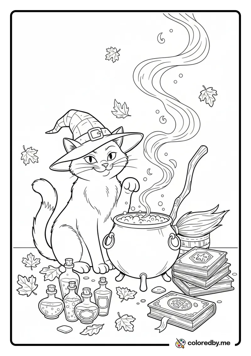 Witch's Cat with Cauldron coloring page